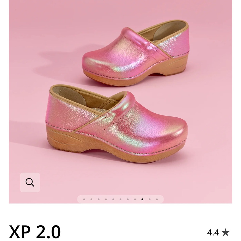 Dansko iridescent pink leather clogs